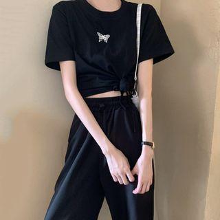 Short-sleeve Butterfly Print Drawstring T-shirt / Harem Pants