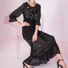 Set: Embroidered 3/4 Sleeve Mesh Dress + Slipdress