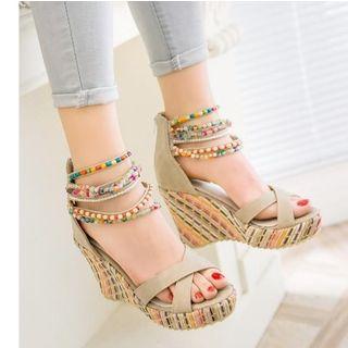 Beaded Ankle-strap Wedge Sandals