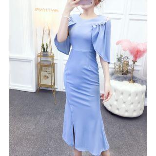 Cape-sleeve Faux-pearl Detail Sheath Dress