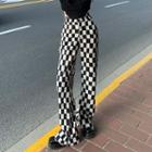 Oversized Lettering Long-sleeve Sweatshirt / High-waist Plaid Bell-bottom Pants