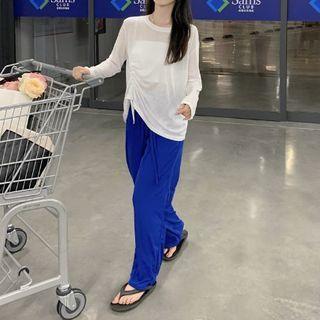 Long-sleeve Drawstring Cropped T-shirt / Wide Leg Pants