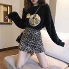 Smiley-face Knit Sweater / Leopard-print A-line Skirt