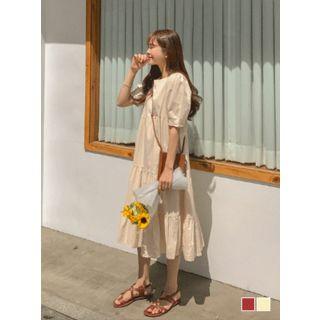 Round-neck Puff-sleeve Midi Tiered Dress