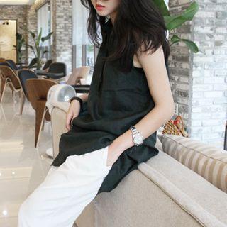 Half-placket Sleeveless Linen Blend Blouse