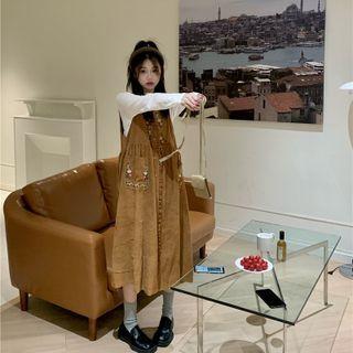 Long-sleeve Mock-neck Top / Floral Embroidered Frill Trim Midi A-line Overall Dress