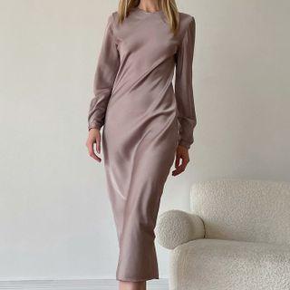 Long Sleeve Satin Plain Midi Dress