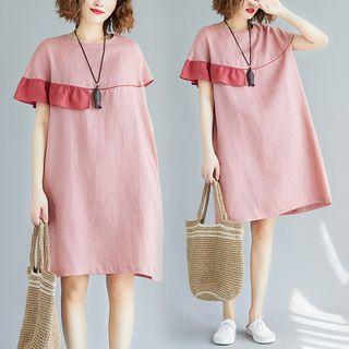 Ruffle Trim Short-sleeve Shift Dress Pink - One Size