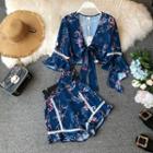 Set: Long-sleeve Floral Print Top + Shorts