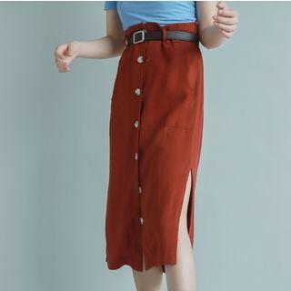 Buttoned Slit Midi Skirt Gray - One Size