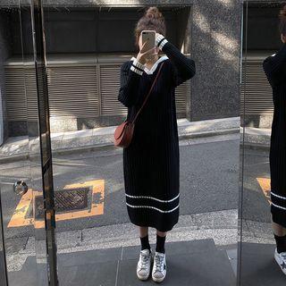 V-neck Contrast Trim Midi Sweater Dress