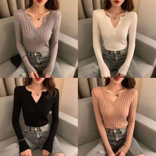 Open-placket Long-sleeve Knit Top