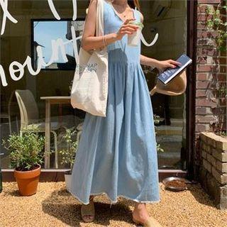 U-neck Sleeveless Maxi Denim Dress Light Blue - One Size
