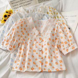 Lace-collar Printed Crop Shirt