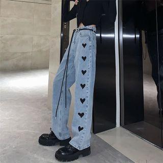 Heart Print Straight-cut Jeans