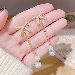 Faux Pearl Bow Drop Earring E0467 - 1 Pair - Gold - One Size