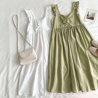 Plain V-neck Frilled Strap Dress