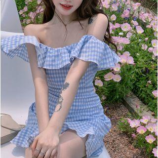Gingham Off-shoulder Ruffle Trim Mini A-line Dress