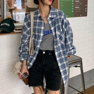 Long-sleeve Polo Collar Plaid Shirt Jacket Blue - One Size