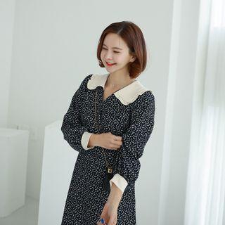 Frilled Contrast-collar Midi Floral Dress