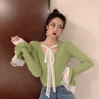 Panel Dot Knit Long-sleeve Top