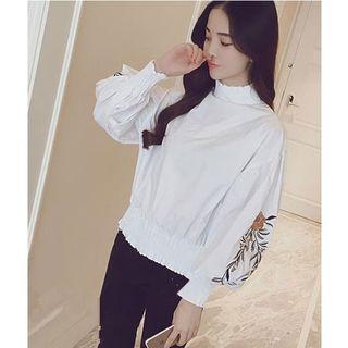 Flower Embroidered Mock Neck Long Sleeve Blouse