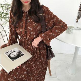 Floral Bell Sleeve Pleated Midi Dress