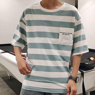 Striped Pocketed Elbow-sleeve T-shirt