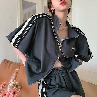 Elbow-sleeve Striped Zip Jacket