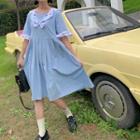 Collared Elbow-sleeve Pleated Midi A-line Dress Sky Blue - One Size