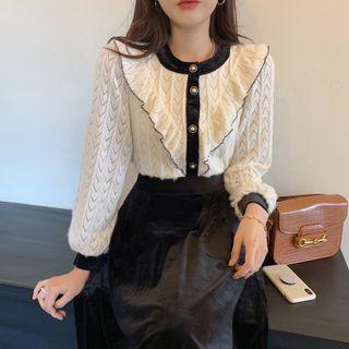 Ruffle Trim Lace Blouse / Velvet A-line Semi Skirt