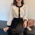 Ruffle Trim Lace Blouse / Velvet A-line Semi Skirt