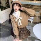 Turtleneck Long-sleeve T-shirt / Plaid Pleated Skirt / Bow Accent Cardigan