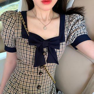 Puff-sleeve Bow Plaid Mini A-line Dress