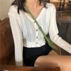 Long-sleeve Perforated V-neck Buttoned Knit Top