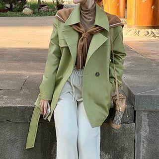 Faux Leather Button-up Coat / Sailor Collar Shawl