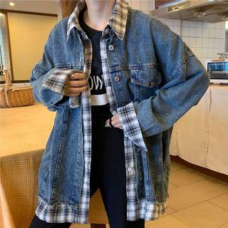 Plaid Panel Denim Button Jacket Blue - One Size