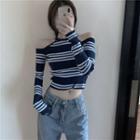 Long-sleeve Cold Shoulder Striped Knit Crop Top