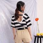 Off Back Striped Short-sleeved Top Black & White - One Size