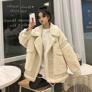 Lapel Collar Belted Fleece Button Jacket Beige - One Size