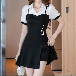 Set: Short Sleeve A-line Dress + Plain Shorts