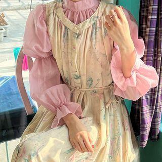 Puff-sleeve Blouse / Sleeveless Tie-dyed Midi Dress