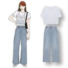 Short-sleeve Cropped T-shirt / Floral Cropped Camisole Top / High-waist Wide-leg Jeans