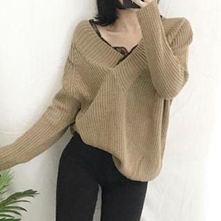 V-neck Lace-trim Long-sleeve Knit Top Light Camel - One Size