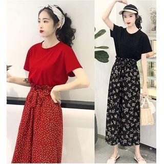 Set: Plain Short Sleeve T-shirt + Patterned Straight Cut Pants