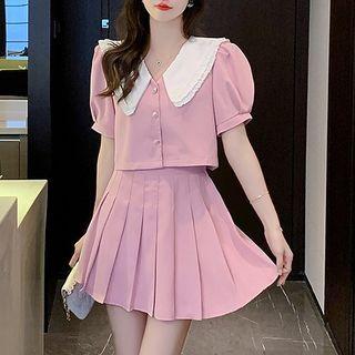 Set: Puff-sleeve Shirt + Pleated A-line Skirt