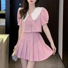 Set: Puff-sleeve Shirt + Pleated A-line Skirt