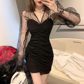 Dotted Mesh Panel Shirred Mini Bodycon Dress