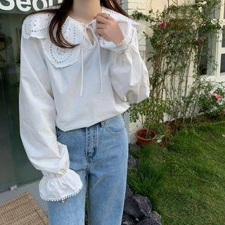 Long-sleeve Eyelet Lace Collar Tie-neck Blouse White - One Size