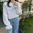 Long-sleeve Eyelet Lace Collar Tie-neck Blouse White - One Size